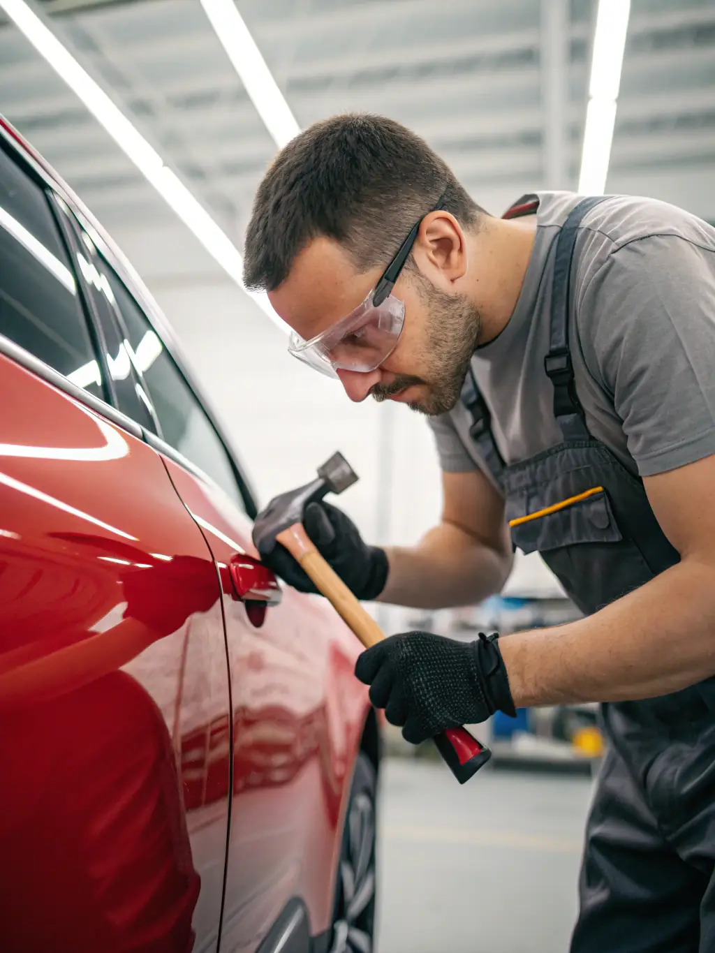 A focused shot of a beginner PDR training session, showing a student carefully using a basic hand tool on a car panel under the guidance of an instructor.