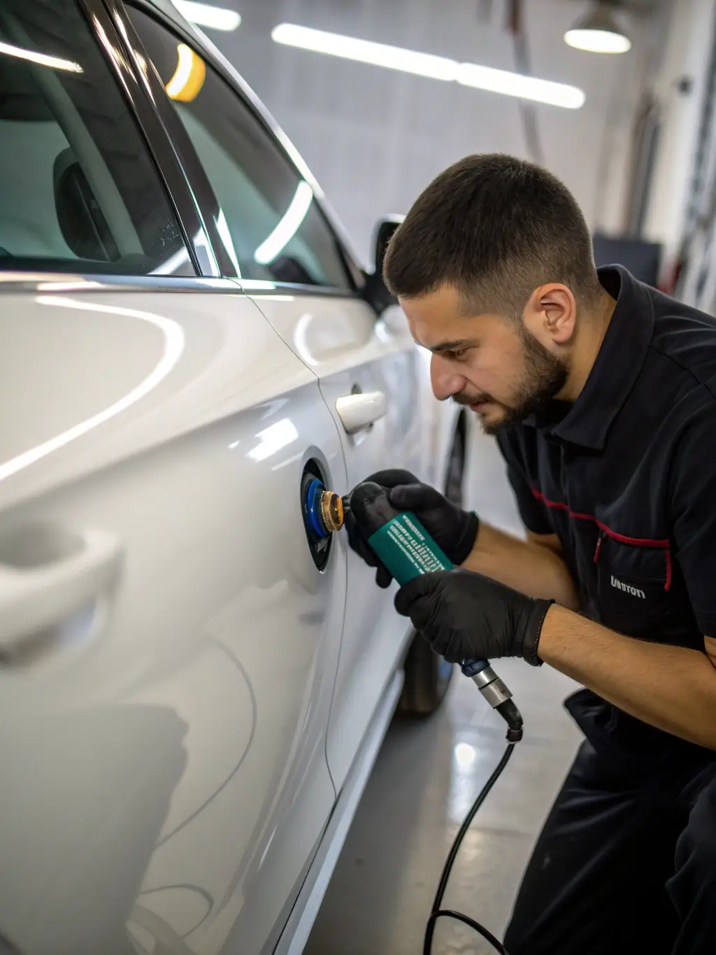 An image capturing an advanced PDR training module, featuring students using specialized tools and techniques on a complex dent repair scenario.